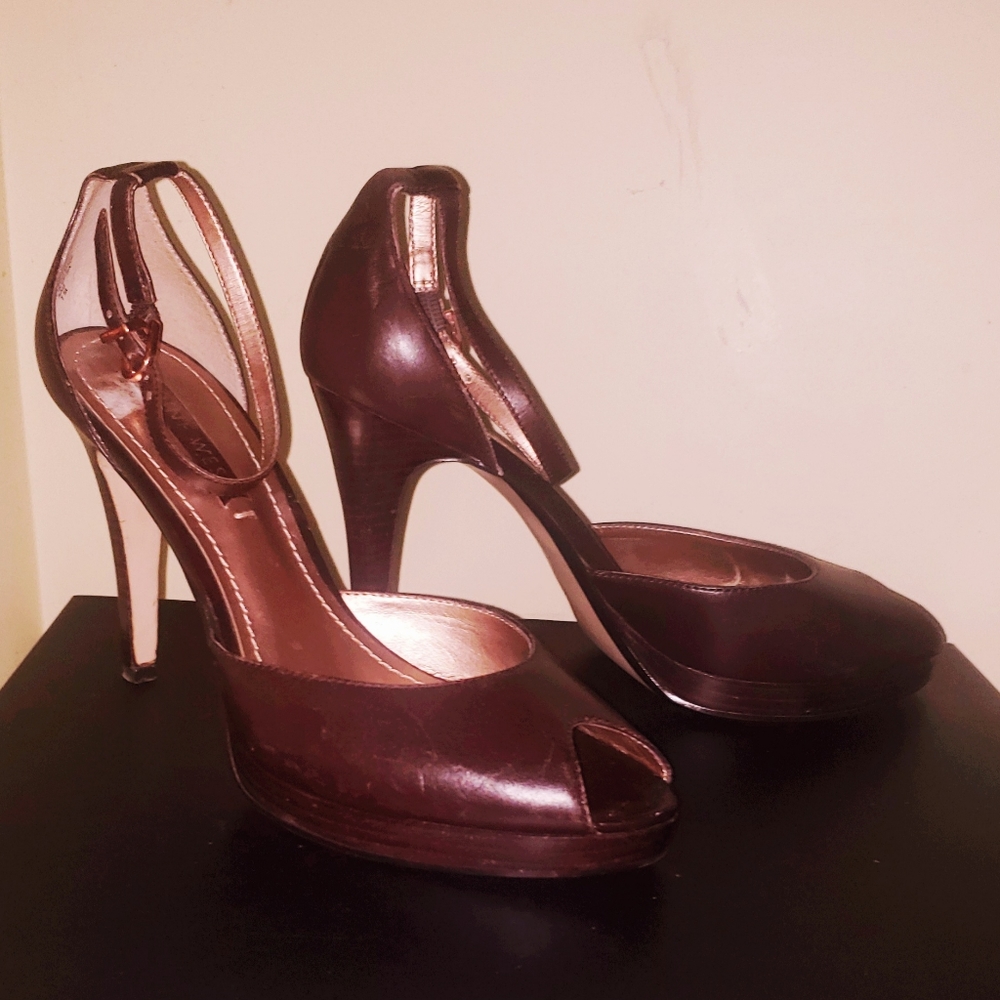 𝐍𝐈𝐍𝐄 𝐖𝐄𝐒𝐓 Leather Mary Jane Peep Toe Heels! Sz 7 Wmns. Stunning! - Picture 4 of 12